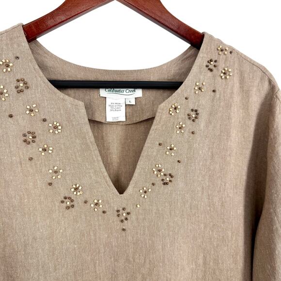 Coldwater Creek Sz Large LINEN BLEND Beaded Tropical Beach Blouse Shirt Top - Picture 4 of 7